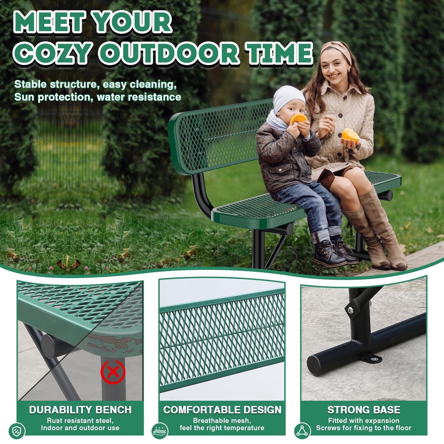 4FT/48INCH Heavy Duty Metal Park Bench for Outside, Outdoor Garden Benches with Backrest & Portable Frame, Expanded Metal Mesh Bench for Shopping Malls, Lawn, Park, Deck, Patio, Porch, Green