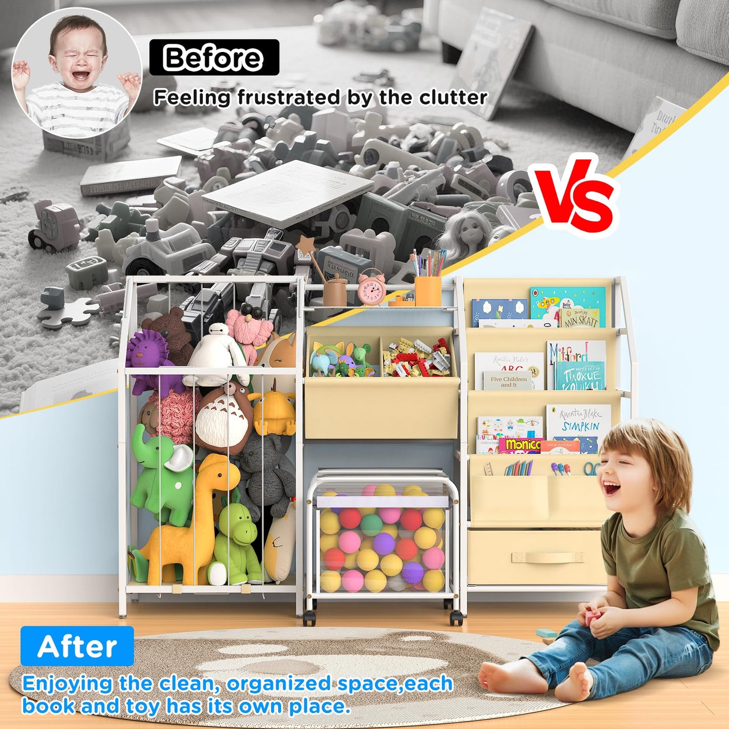 VORTULIUK Kids Bookshelf and Toy Storage, 3 Tier Sling Montessori Bookcase with Toy Organizer & Stuffed Animal Storage, Children Baby Toddler Book Shelf for Kids Rooms Nursery Bedroom Playroom, White