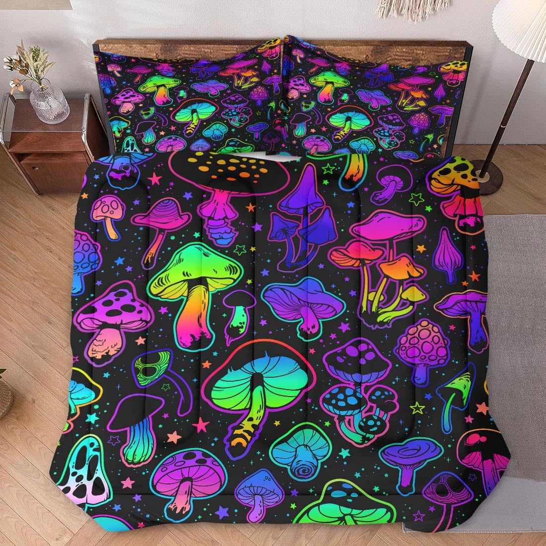 WeCozy Queen Size Comforter Set with 2 Pillowcases, Summer Halloween Mushroom Neon Soft 3 Pcs Bedding for Kids and Adults Bedroom Bed Decor