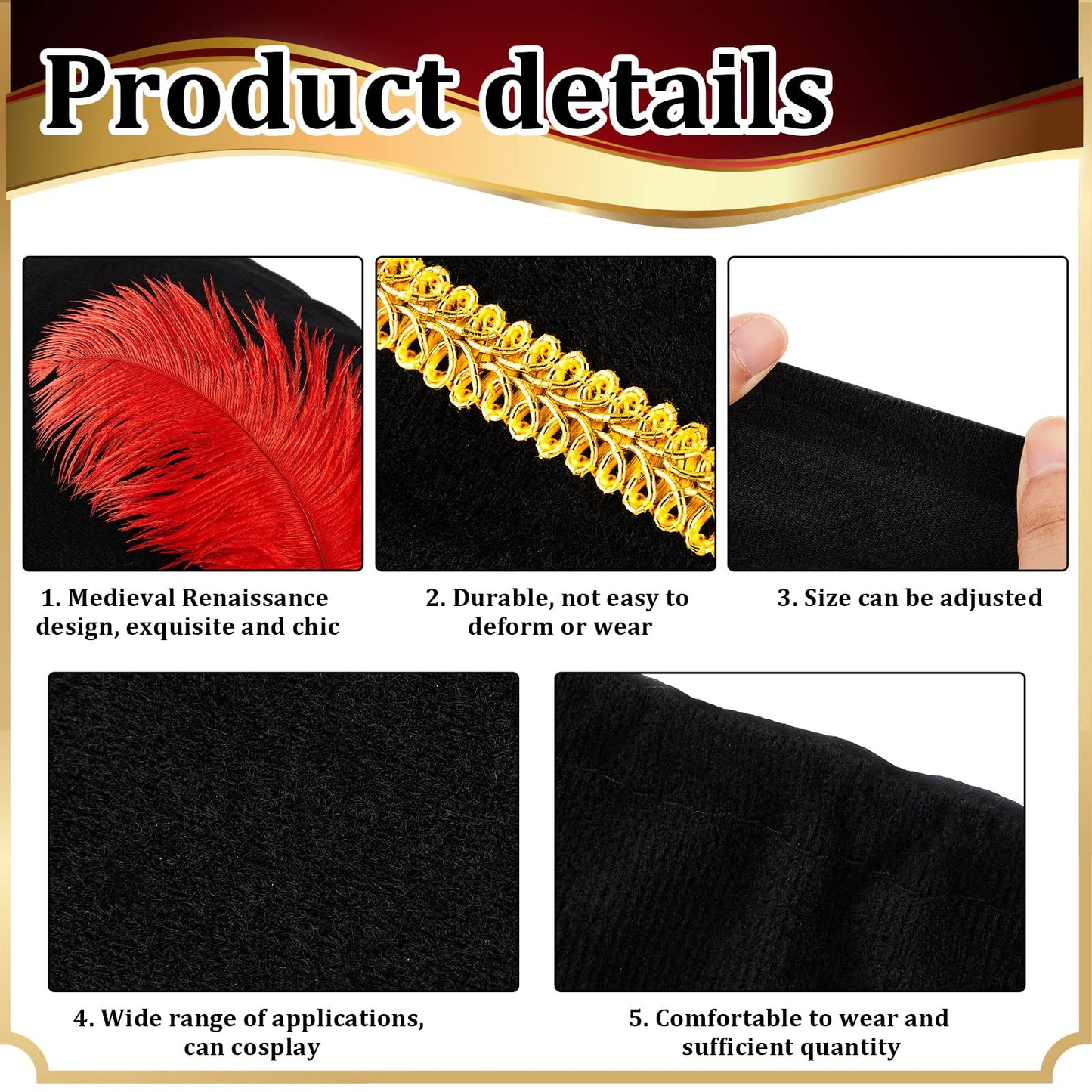 3 Pcs Renaissance Hat Black Medieval Hat Red Feather Minstrel Costume Cap Renaissance Costume Accessory Party Cosplay Supply for Men Women Adult