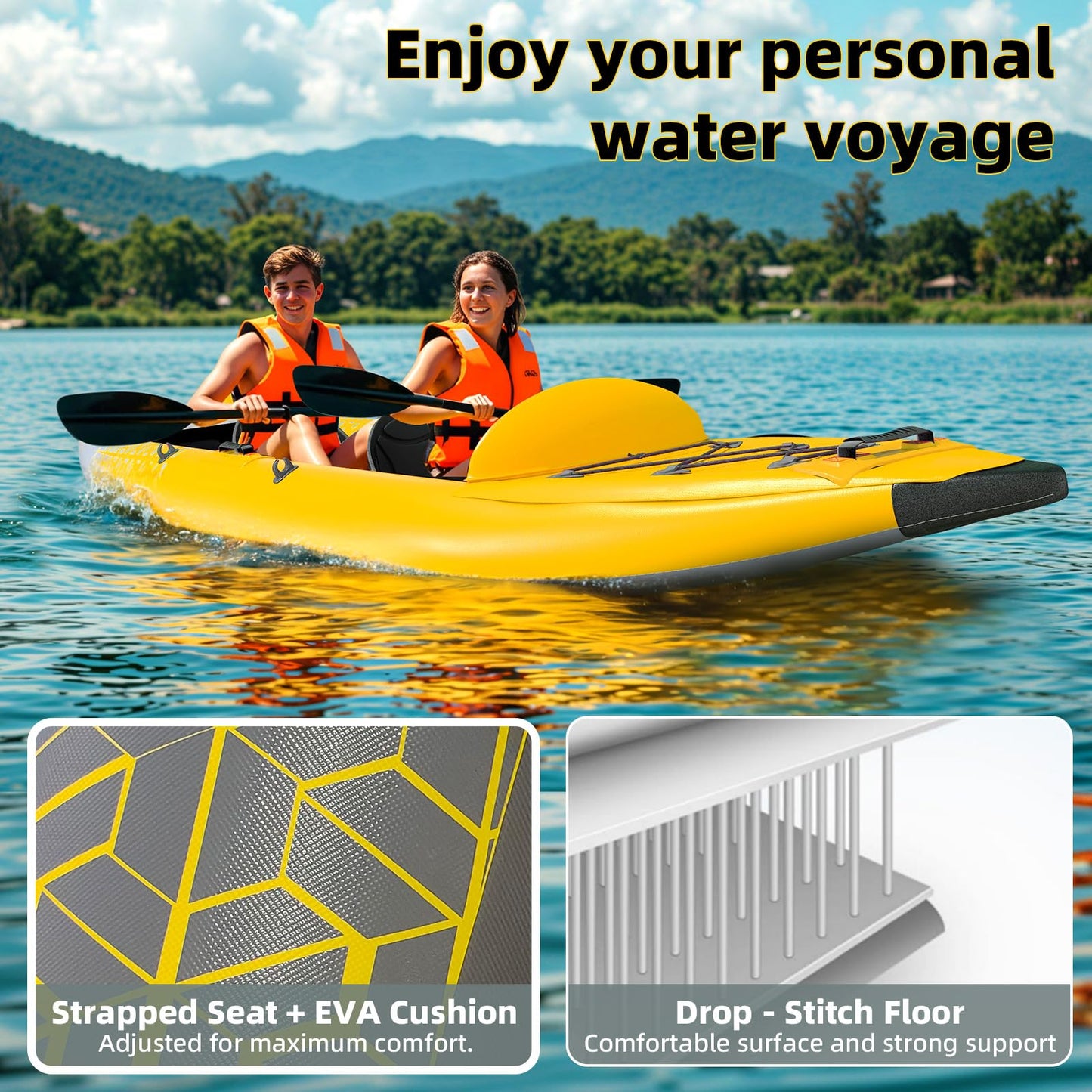 Danrelax 2-Person Inflatable Kayak for Adults, Heavy-Duty PVC, Drop-Stitch Floor, Lightweight, Portable, and Durable Tandem Kayak for Fishing, Touring, and Water Sports, Yellow
