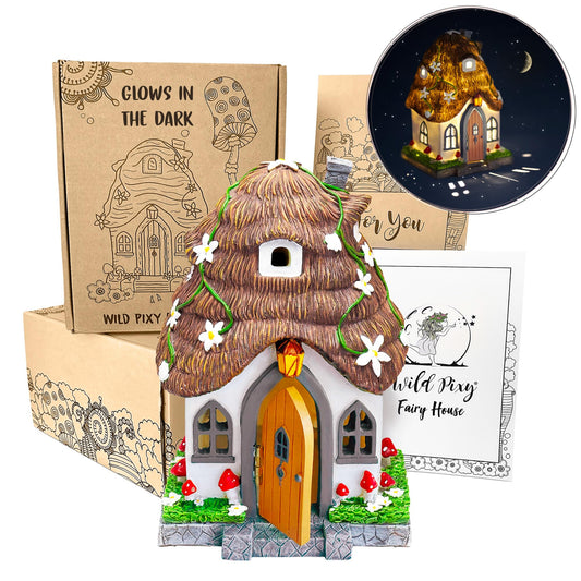 WILD PIXY Fairy Garden House - Glow in The Dark Fairy Cottage with Opening Door and Solar LED Light, Beautiful Miniature Garden Decoration for Indoor or Outdoor Fairy Gardens - 7.1" Fairy House