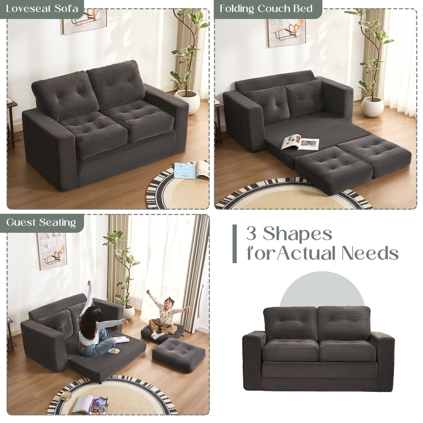 Afuson 61" Convertible Sofa Bed, Pull Out Loveseat Sleeper Sofa, 3 in 1 Folding Futon Bed, Fold Out Floor Bed Sofa with Pillows for Living Room Bedroom Lounge Guest Room, Corduroy, Grey