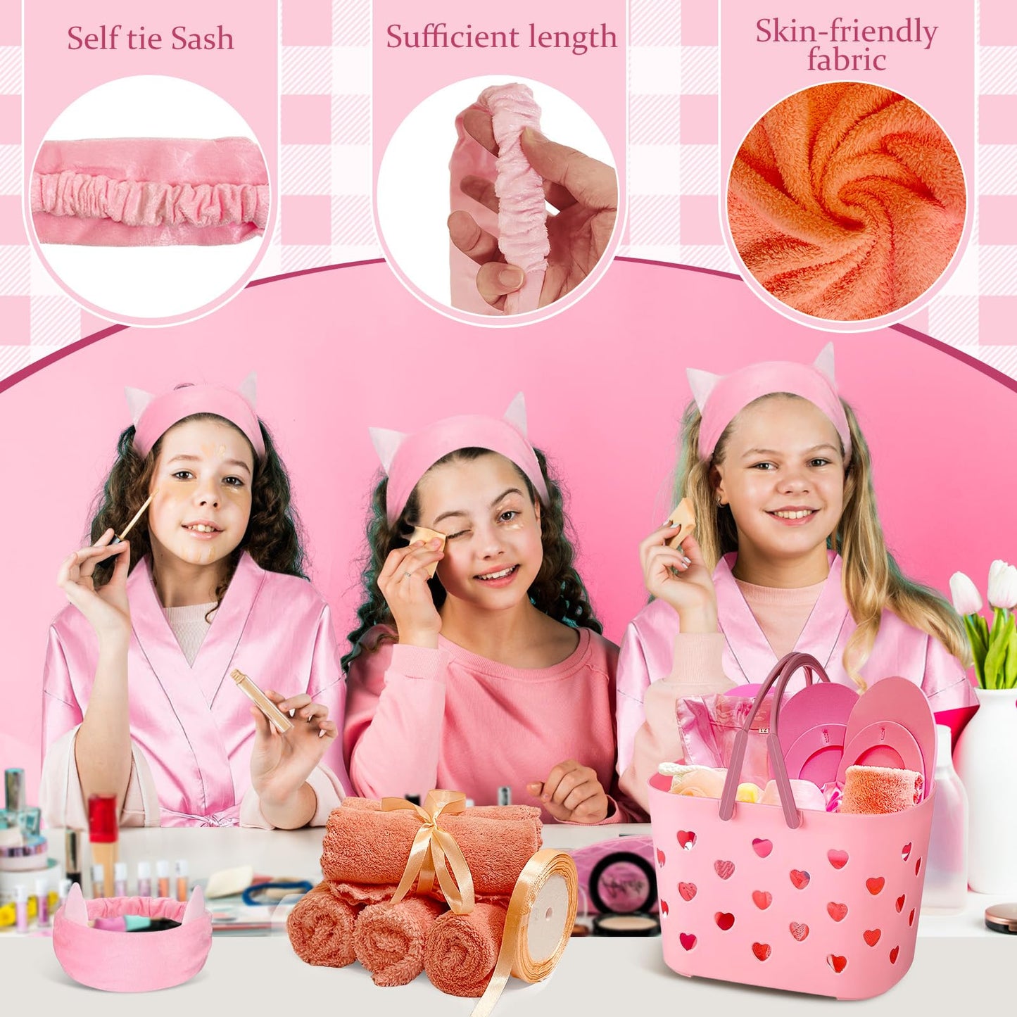 yasuwekik 8 Sets Spa Party Supplies for Girls Sleepover Party Favors with Pink Basket Satin Robe Towel Headband Satin Hair Scrunchies Loofah Disposable Slipper Gift Ribbon for Birthday