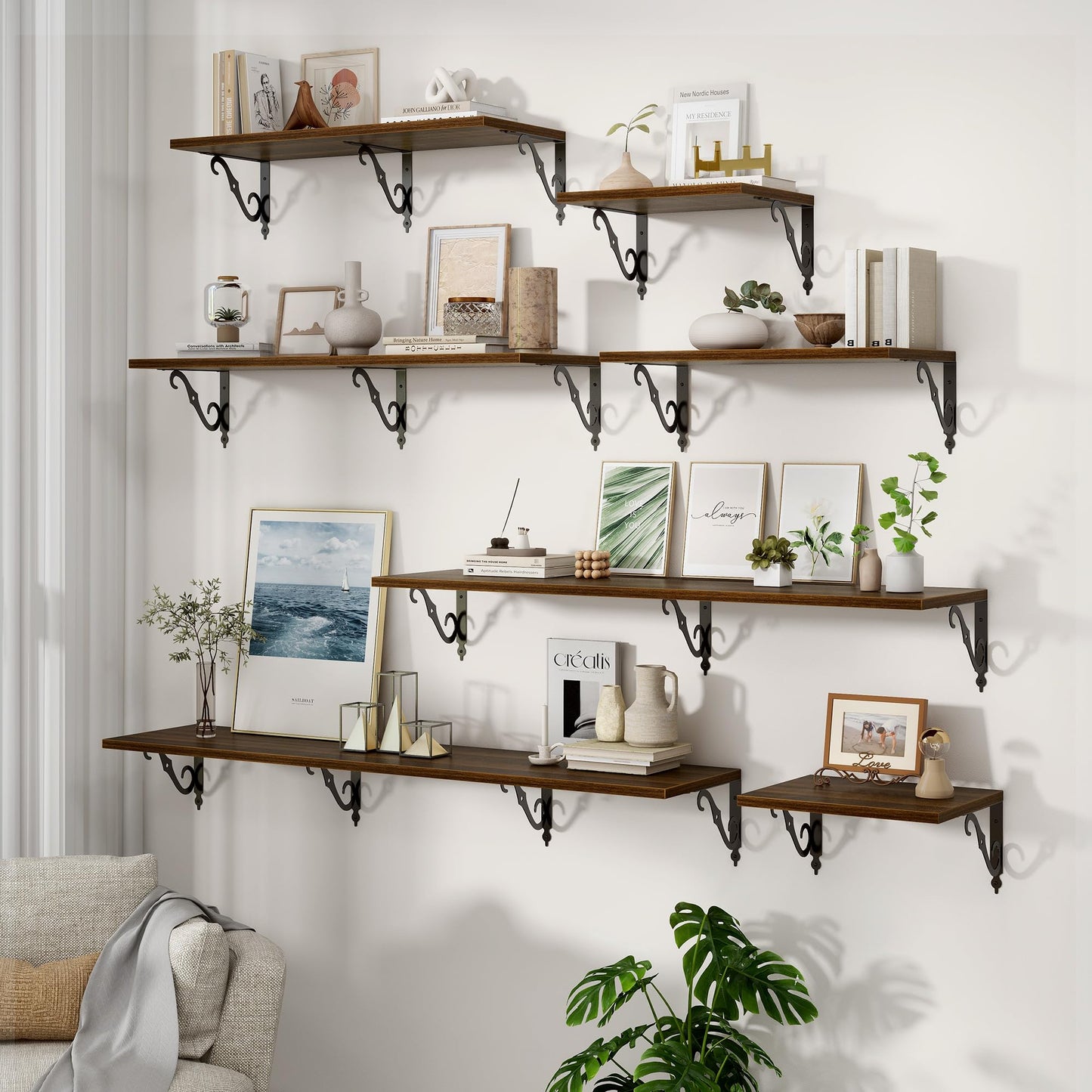 16 Inch Deep Floating Shelves for Wall, 12 Inch Deep Floating Shelf with Bracket, Wall Shelves 16 Inches Long, Wide Display & Storage Shelves for Living Room, Bathroom, Bedroom, Walnut, Set of 2