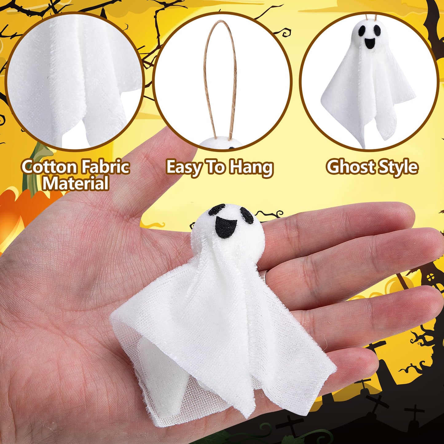 Watayo 16 Pcs Halloween Hanging Ghosts Decoration, 3.5" x 3" Outdoor Small Ghosts Tree Ornaments, Farmhouse Rustic White Cloth Ghost Hanging Decor for Yard Lawn Haunted House Party Decor