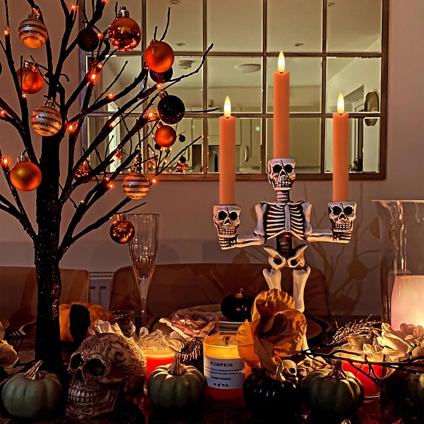 Yeelida Orange Flameless LED Taper Candles with Remote Control, 0.78"x 6.4" Long Lasting Plastic Battery Operated Flickering Short Window Candlesticks for Halloween Festival Decoration, Pack of 6