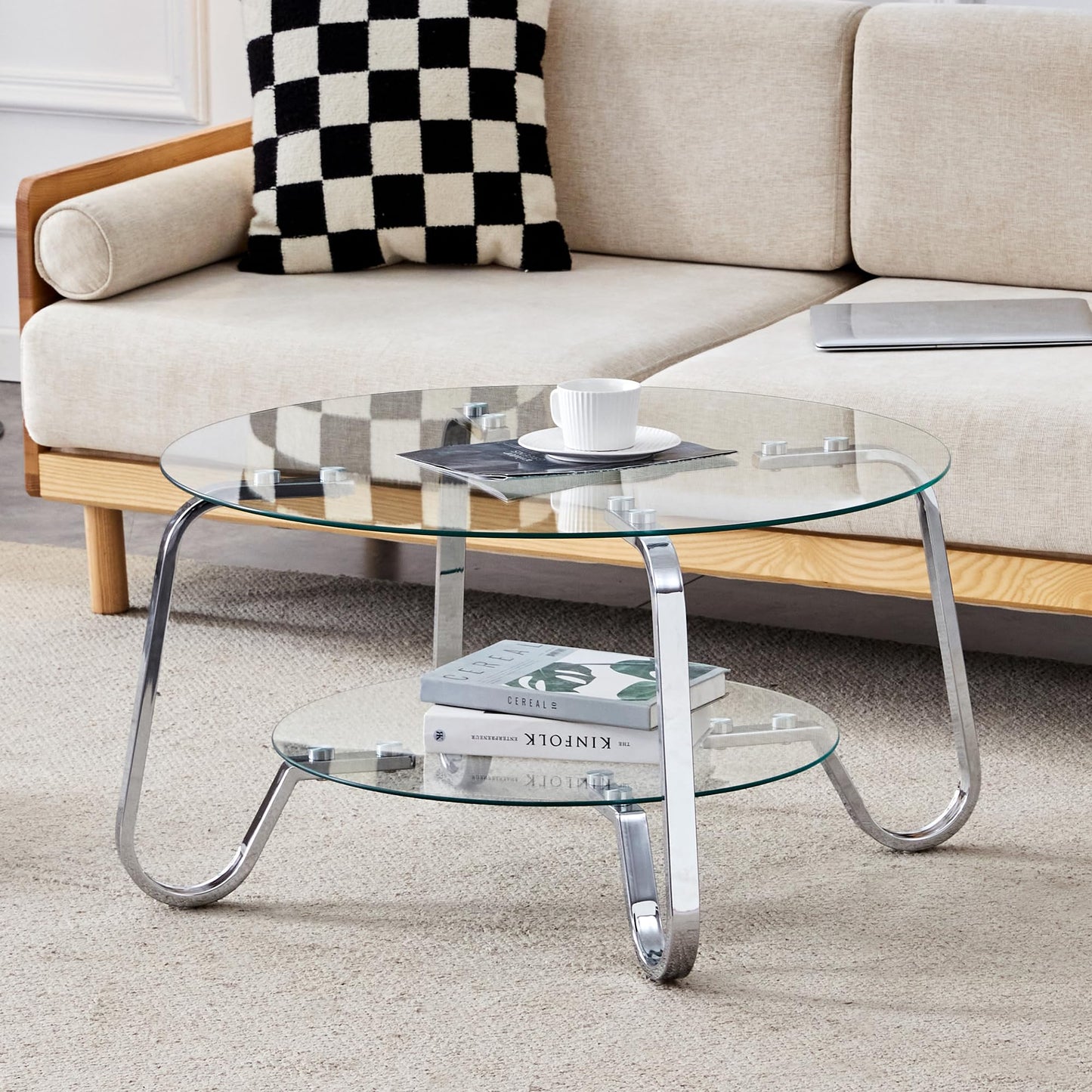 31.5" Silver Round Glass Coffee Table Modern Living Room Table 2-Layer Sofa Center Cocktail Table for Small Space Apartment, Clear Top and Retro Metal Frame (Chrome)