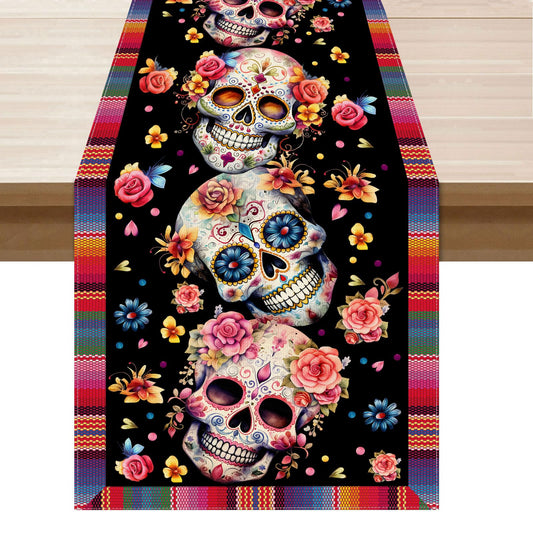 XCHI Sugar Skull Colorful Flowers Dia De Los Muertos Table Runner Day of The Dead Mexican Table Decoration for Home Kitchen Dining Holiday Fiesta Themed Party Decor 13x72 Inch