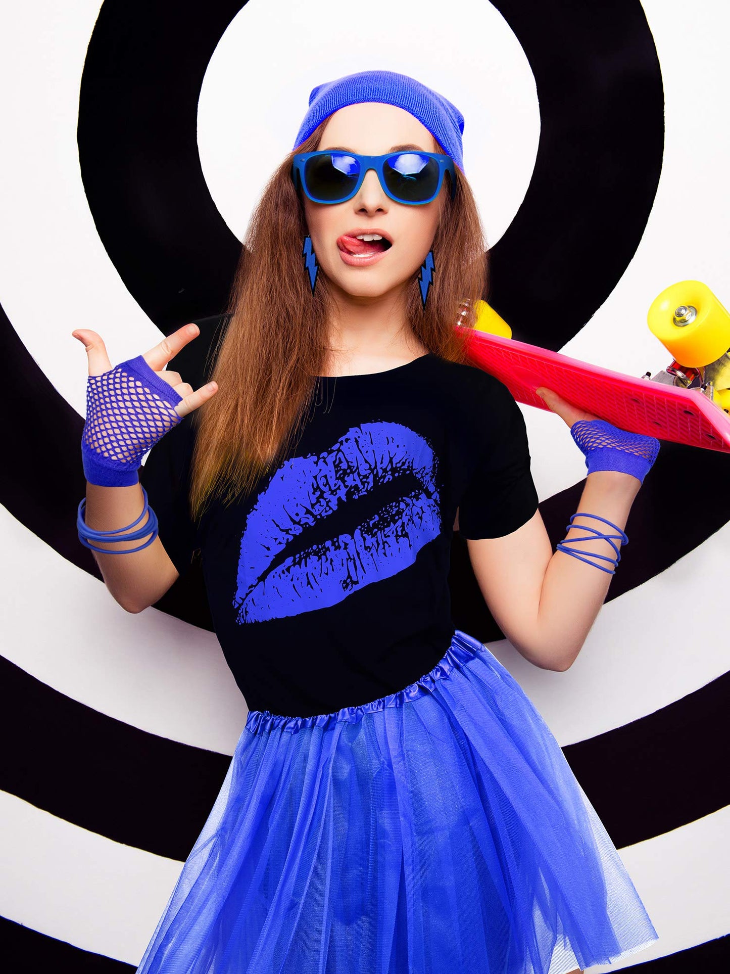 Women's 80s Costume Accessories Set, Lips Print T-Shirt Adult Tutu Skirt Lace Headband Neon Earrings Necklace Leg Warmers Fishnet Gloves Bracelet (Royalblue, XXL)