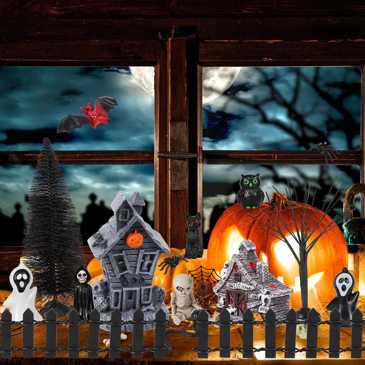 88 PCS Halloween Village Accessories Set Halloween Haunted Houses Village Miniatures Ornaments with Pumpkins Ghost Tombstones Tree Fake Spiders Fence Streetlamp Figurines for Party Home Table Decor