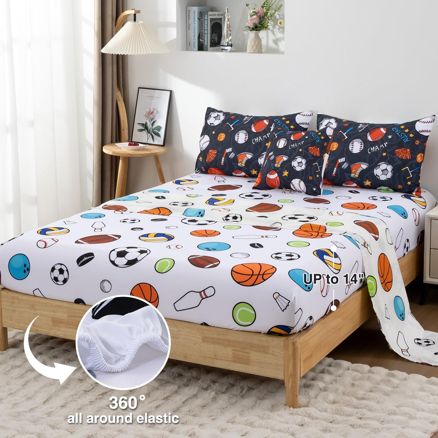 A Nice Night 6Pcs Bed in A Bag Full Sports Microfiber Modern Comforter Set,Gray Rugby Ball Printed Bedding Collections,for Boys Kids Teen