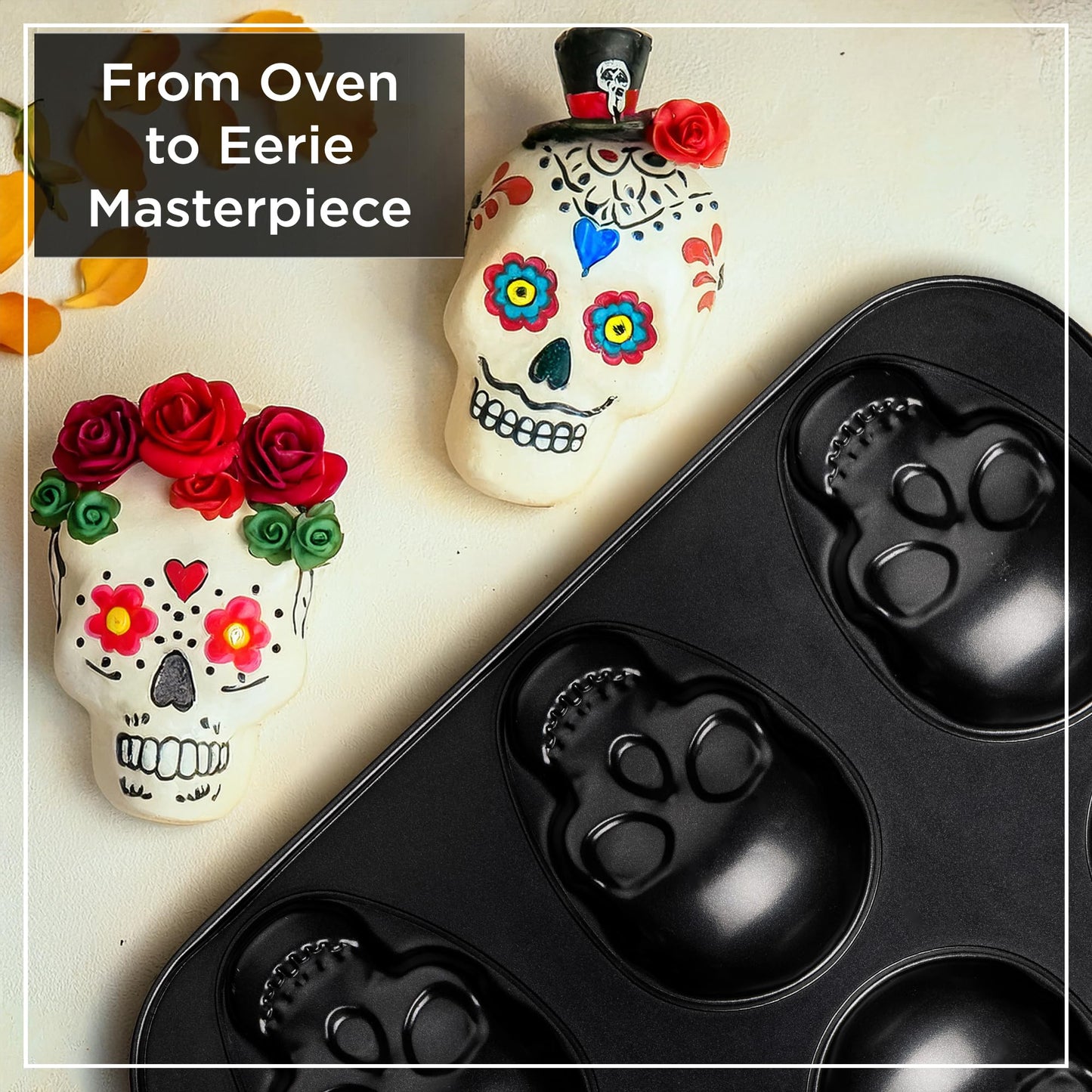 Wrenbury Large Skull Cupcake Baking Pan - Non Stick 6 Cup Spooky Treat Cake Tin - Bake a Halloween Masterpiece - Non Toxic and Effortless Cleaning - 4.75" Cup