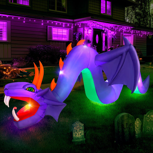 12ft Halloween Inflatable Dragon Decorations,Open Mouth and Sharp Teeth Outdoor Giant Purple Decorations,Built-in 7 LEDs Blow Up Dragon Inflatables for Yard, Lawn & Garden Internal Lights