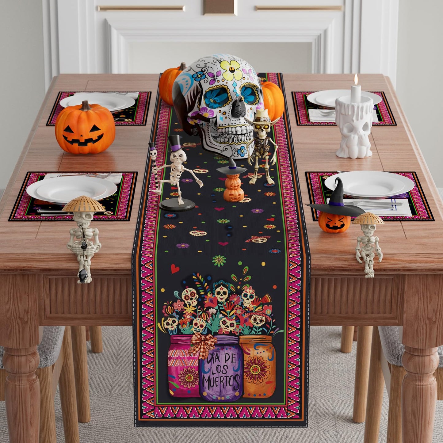 XCHI Vases Sugar Skull Flowers Dia De Los Muertos Table Runner Day of The Dead Mexican Table Decoration for Home Kitchen Dining Holiday Fiesta Themed Party Decor 13x72 Inch