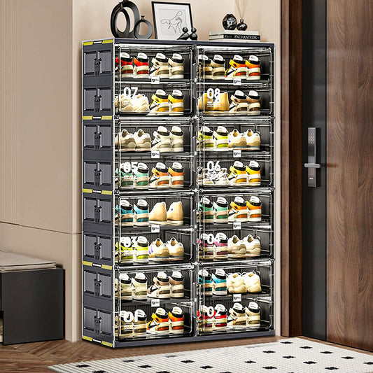 wesimple 32 Pairs Portable Shoe Storage Cabinent of 3-Step Fast Installation,Plastic Shoe Box with Magnetic Clear Door for Entryway, Enclosed Shoe Rack for Sneaker, Heels etc.. (2Row, 8Tier)