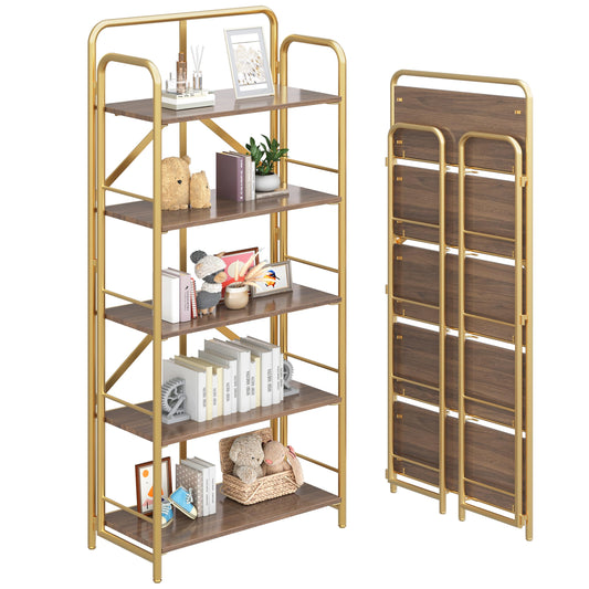 4NM No Assembly Folding Bookshelf 5 Tiers Vintage Industrial Gold Book Shelf Metal Foldable Storage Bookcase and Bookshelves for Living Room,Bedroom and Kitchen - Brown