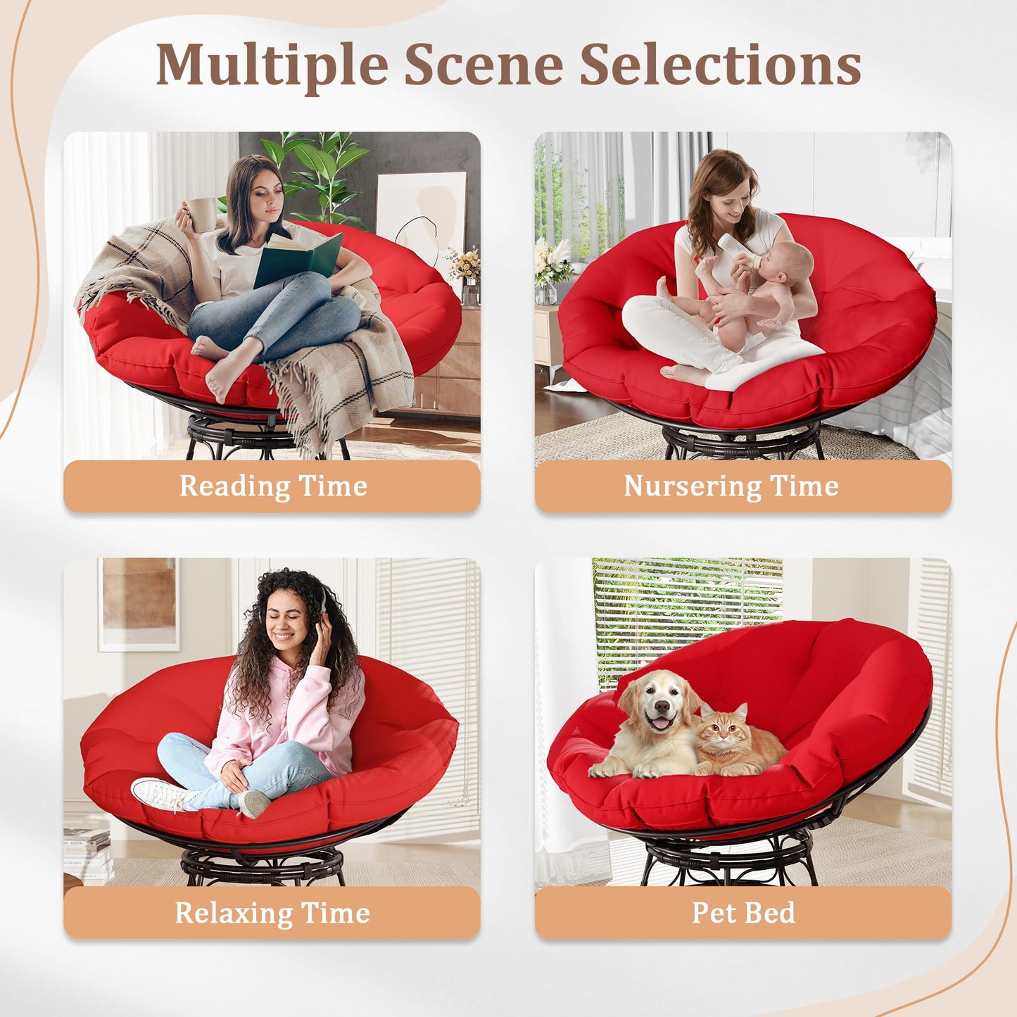 46" Papasan Chair with Cushion and Frame, Ergonomic Wicker Papasan Circle Chair for Living, Bedroom, Reading Room, Lounge