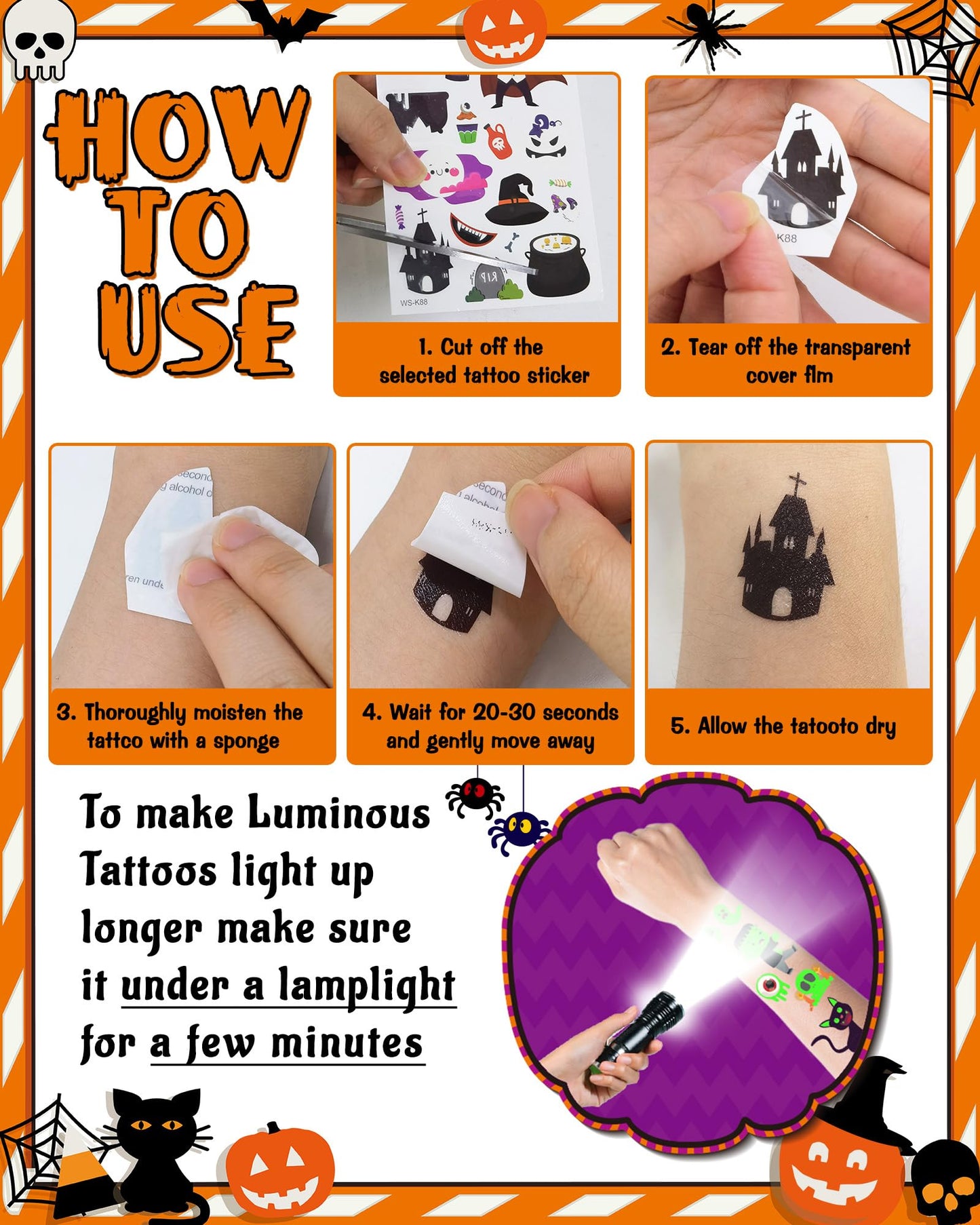 500 Styles Luminous Halloween Tattoos Party Favors for Kids, Halloween Temporary Tattoos Stickers Goodie Bag Stuffers Gifts Treats for Party Supplies