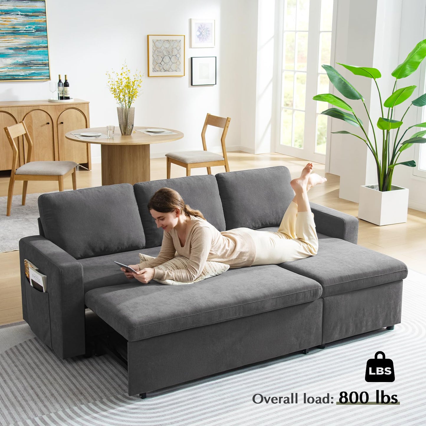 85’’ Sofa Bed, 2 in 1 Sleeper Sofa with Multiple Storage Spaces and Detachable Chenille Cover, Easy to Assemble, Comfy Futon Pull Out Couch for Living Room/Office/Apartment(Grey)