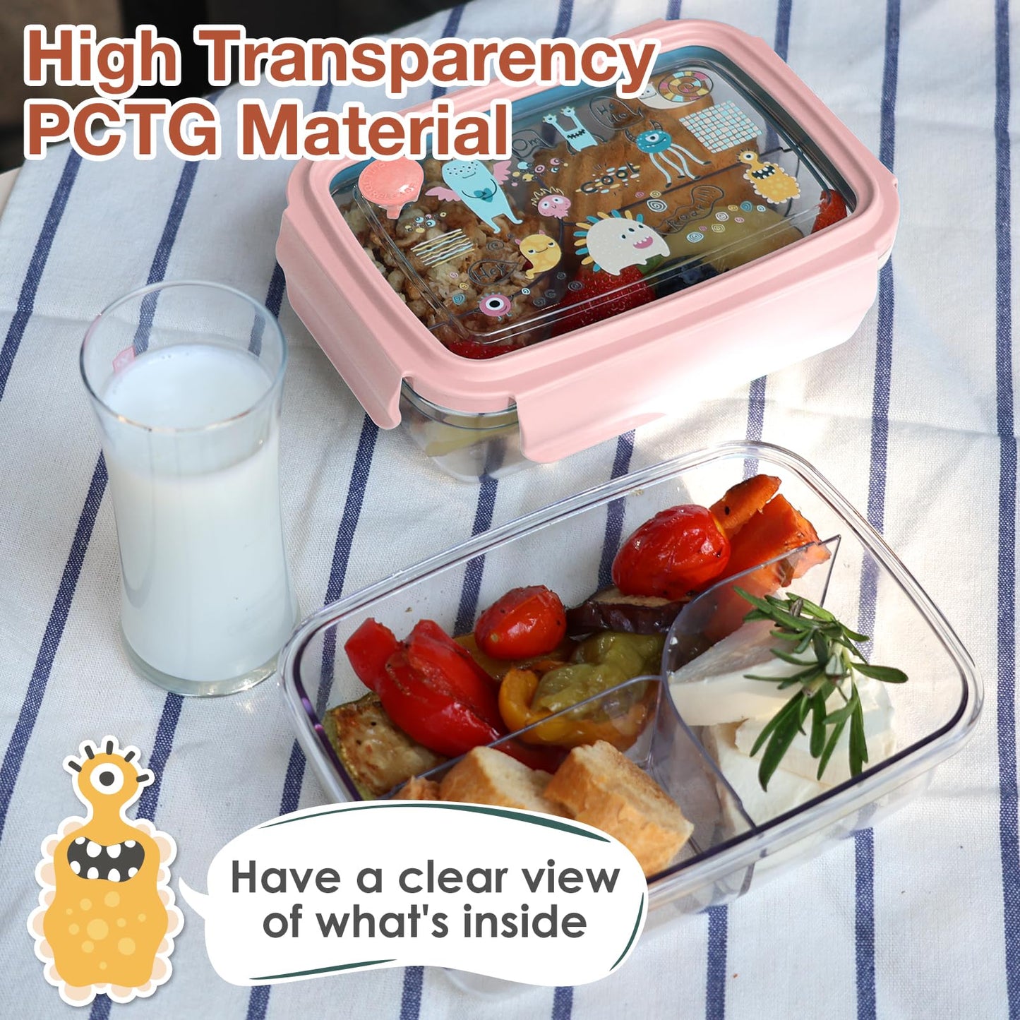 WHALEHOUSE Clear Eco-friendly ECOZEN PCTG Bento Lunch Box for Kids, 3 Compartment Durable Plastic Meal Prep Container, Airtight Food Storage Containers with Snap Locking Lids (Pink, 750ML)