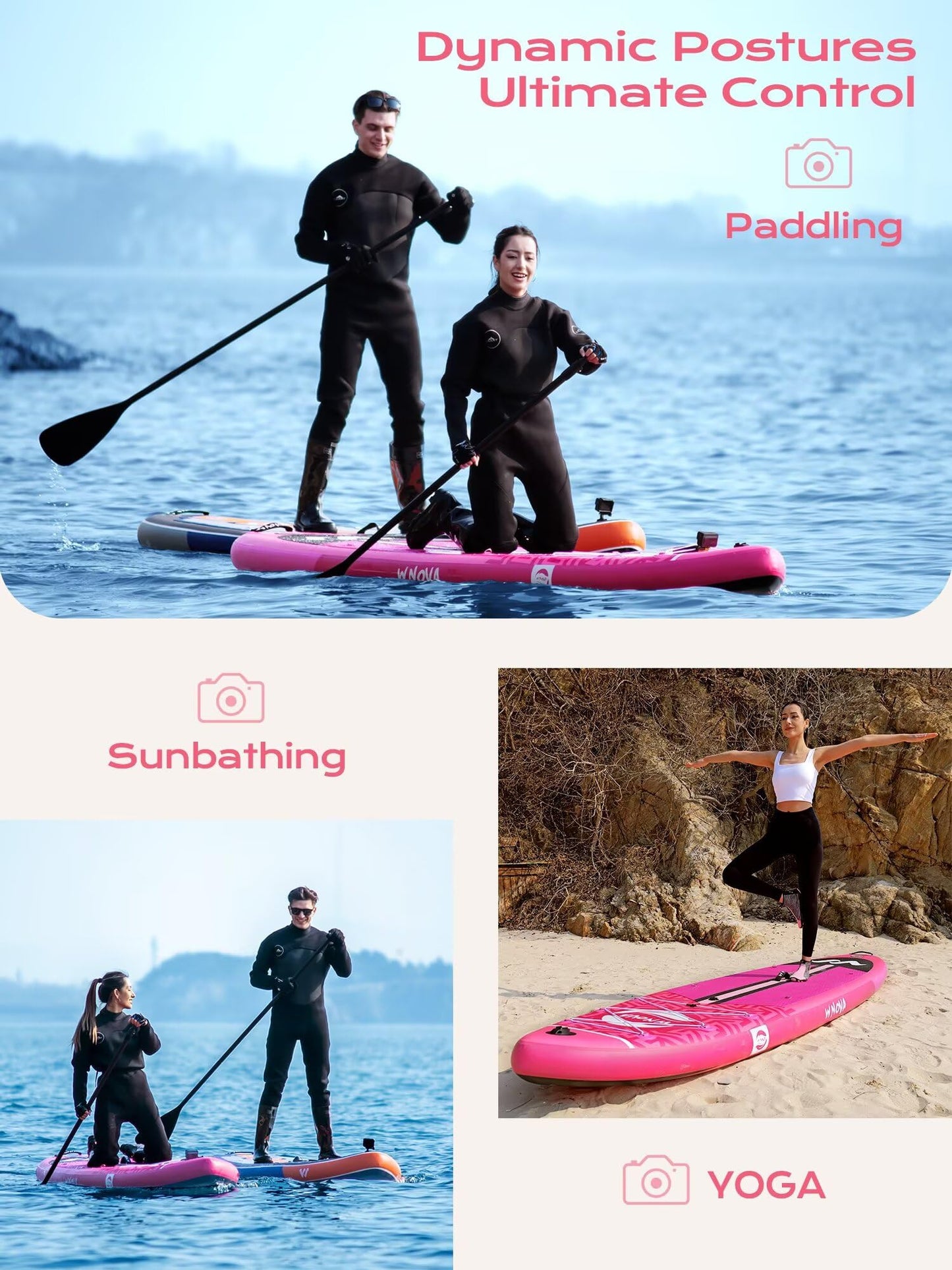 WNOVA Extra Wide Inflatable Paddle Board, 11' x 34" x 6" Stand Up Paddle Board for Adults, SUP Accessories with Camera Mount, 2+1 Family for Lake, Ocean, Sea,Pink Girl