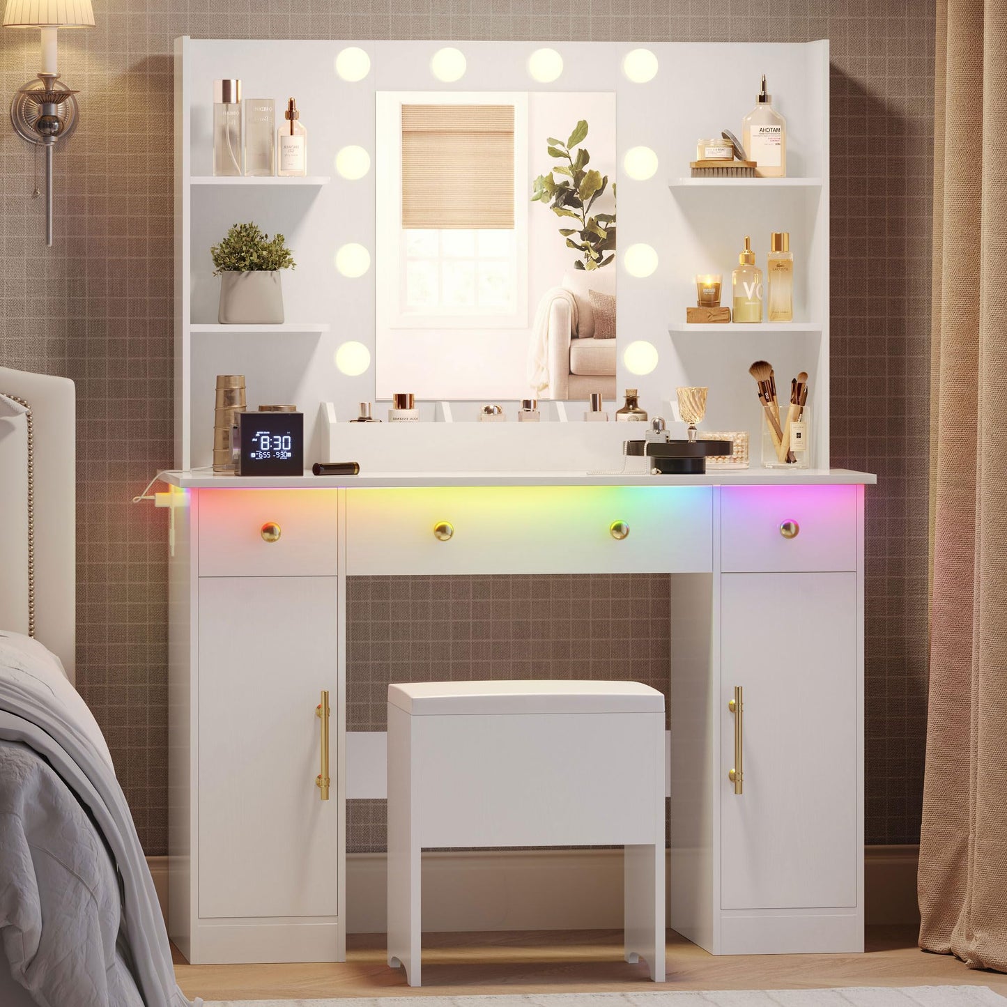 Wodeer Makeup Vanity Desk with Mirror and Lights, 43" White Vanity Set with Chair, 3 Drawers, Power Outlet & Adjustable RGB LED Lights, Dressing Table with Storage Shelf for Women & Girls Bedroom