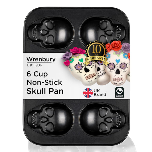 Wrenbury Large Skull Cupcake Baking Pan - Non Stick 6 Cup Spooky Treat Cake Tin - Bake a Halloween Masterpiece - Non Toxic and Effortless Cleaning - 4.75" Cup