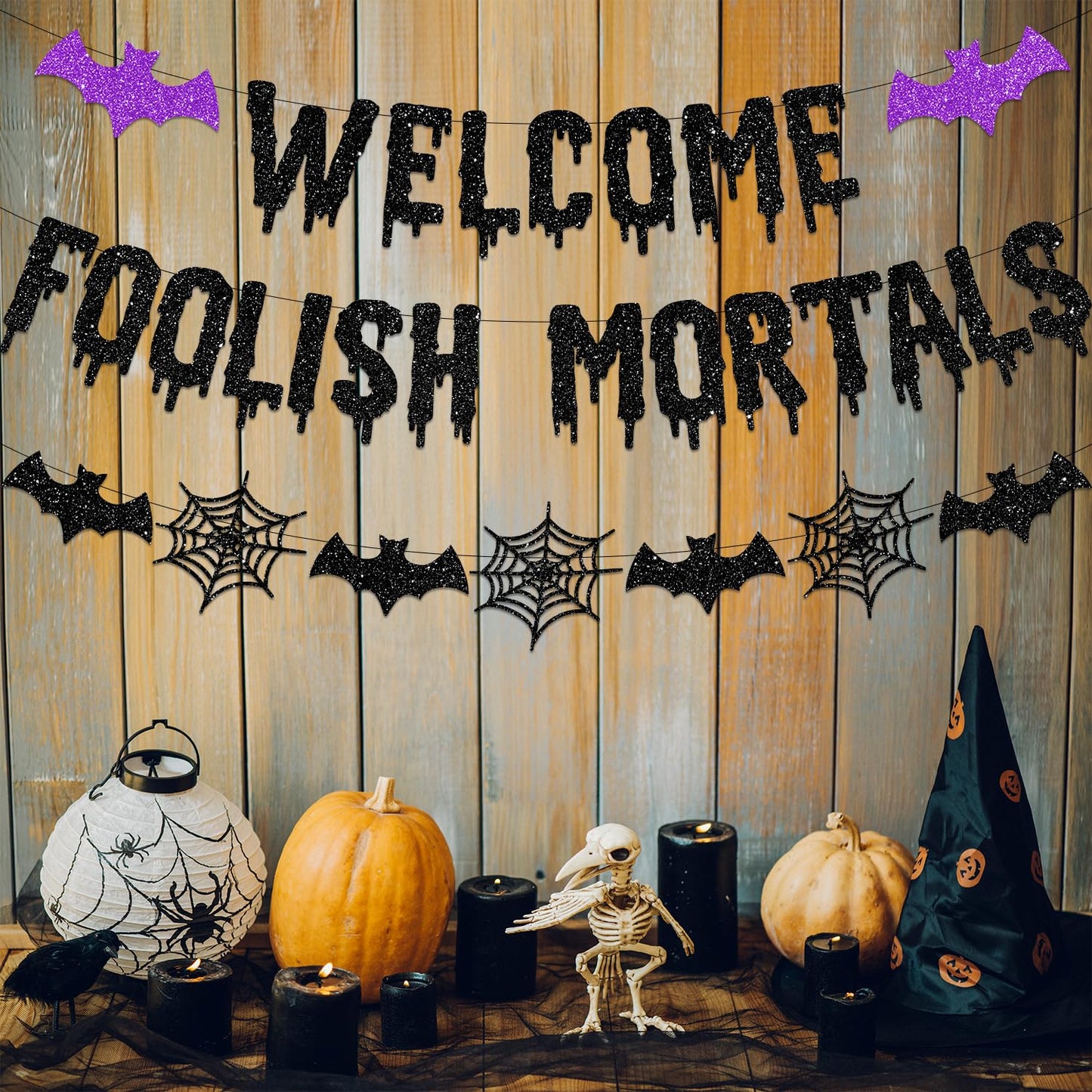 Welcome Foolish Mortals Halloween Banner Decorations Halloween Haunted Mansion Banner Wall Decorations with Bat and Spider for Halloween Party Decorations