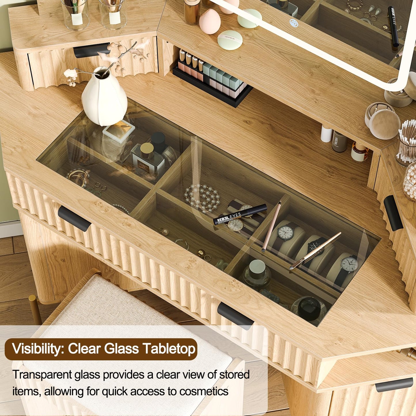48'' Modern Vanity Desk with HD Triple Mirror & Lights,Large Corner Vanity Table with Glass Top, Charging Station,1Multifunctional Drawers & 2 Small Drawers, Dressing Table Set with 2 Cabinets, Oak