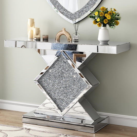 47.2'' Silver Console Table, Modern Entryway Tables with Diamond Shaped Mirror Finished, Glam Long Accent Narrow Table, Glass Sofa Table Foyer Table for Living Room Hallway Entrance
