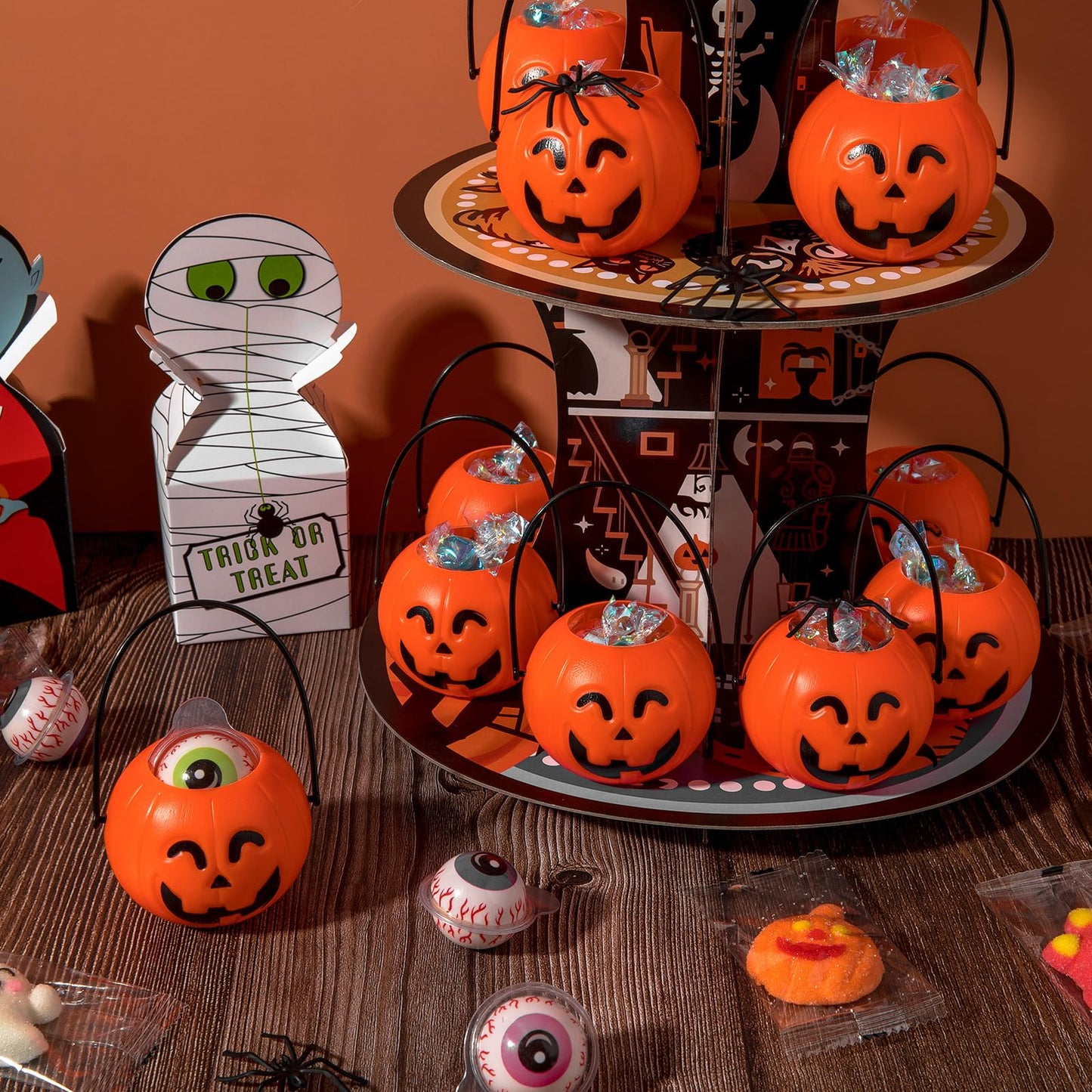 24 Pack Mini Pumpkin Buckets With Handle, Halloween Kids Party Favors Plastic Trick or Treat Bucket, Candy Holder Containers for Decoration