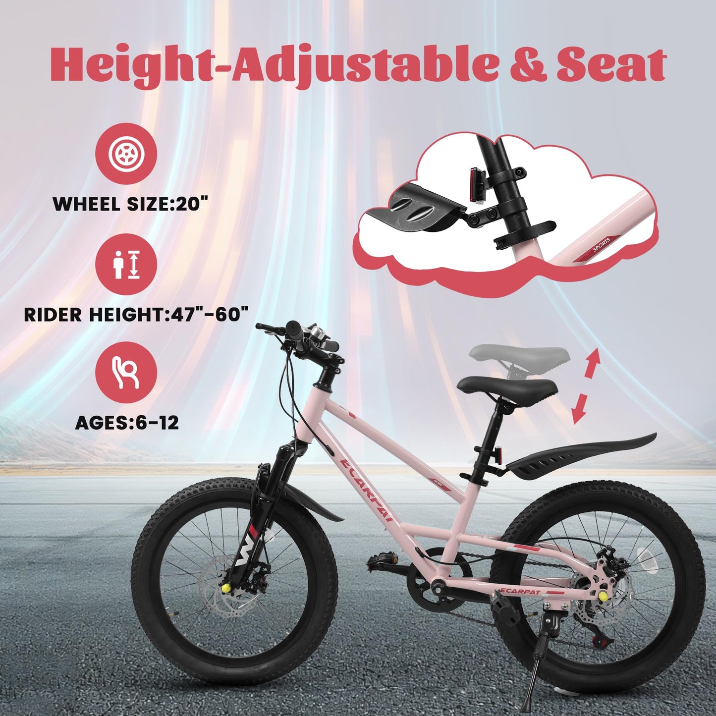 20 Inch Kids Mountain Bike for Boys Girls, 7-Speed Children Mountain Bike with Front Suspension, Dual Disc Brakes and Fender, Steel Frame Kids Bicycle for Ages 6-12 Years Old Birthday Gift, Pink