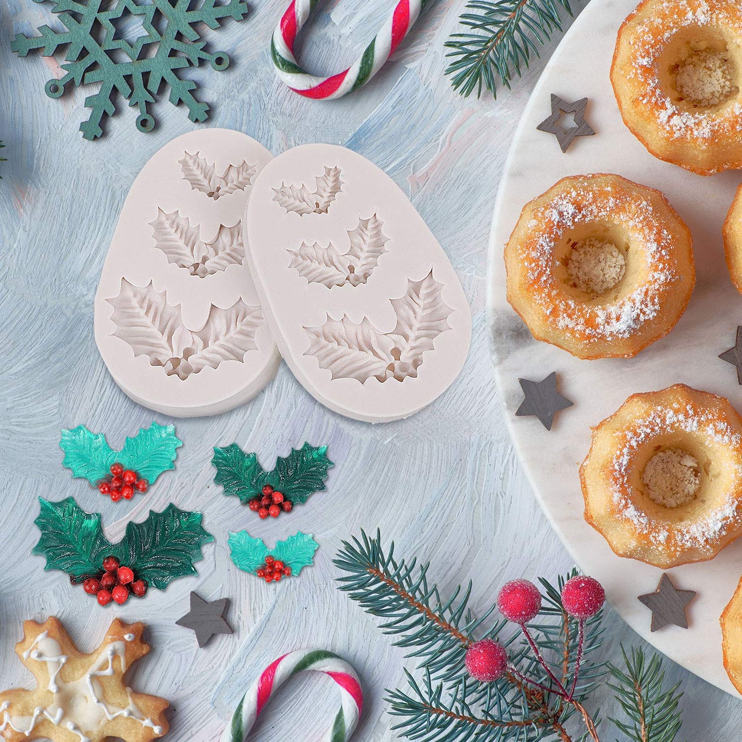 4 Pieces Christmas Holly Leaves Silicone Mold Leaf Shaped Fondant Mold Chocolate Dessert Molds for Baking Chocolate Candy Sugar Cake Decorations