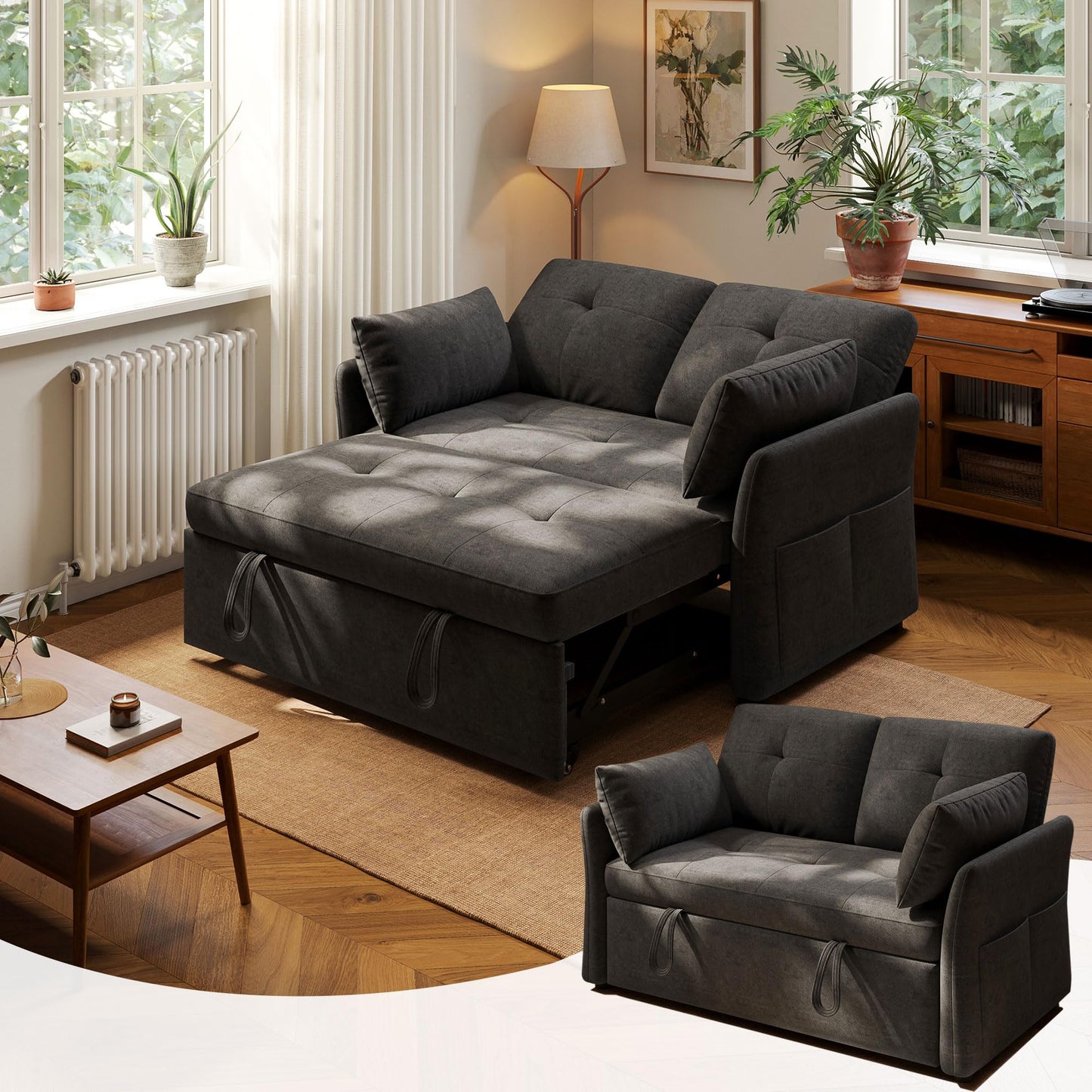 3 in 1 Convertible Sleeper Sofa Bed Tool-Free Assembly, Adjustable Backrest Velvet Pull Out Couch, Small Loveseat Sectional Sofa Bed with Side Pocket, Futon Couches for Living Room, Bedroom, Black