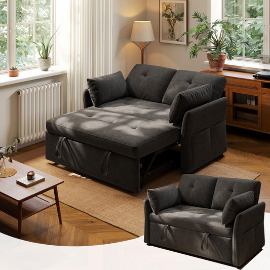 3 in 1 Convertible Sleeper Sofa Bed Tool-Free Assembly, Adjustable Backrest Velvet Pull Out Couch, Small Loveseat Sectional Sofa Bed with Side Pocket, Futon Couches for Living Room, Bedroom, Black