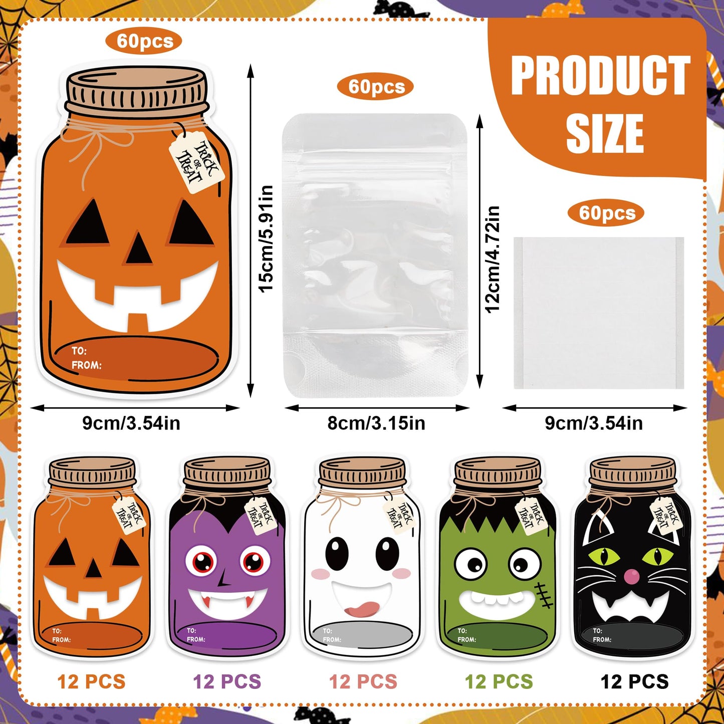 60 Pack Halloween Mason Jar Cards Halloween Candy Holder Cards for Kids Trick or Treat Classroom Prizes Exchange Gifts Card with Treat Bags for School Classroom Prize Gift Party Favors (Candy Not Included)