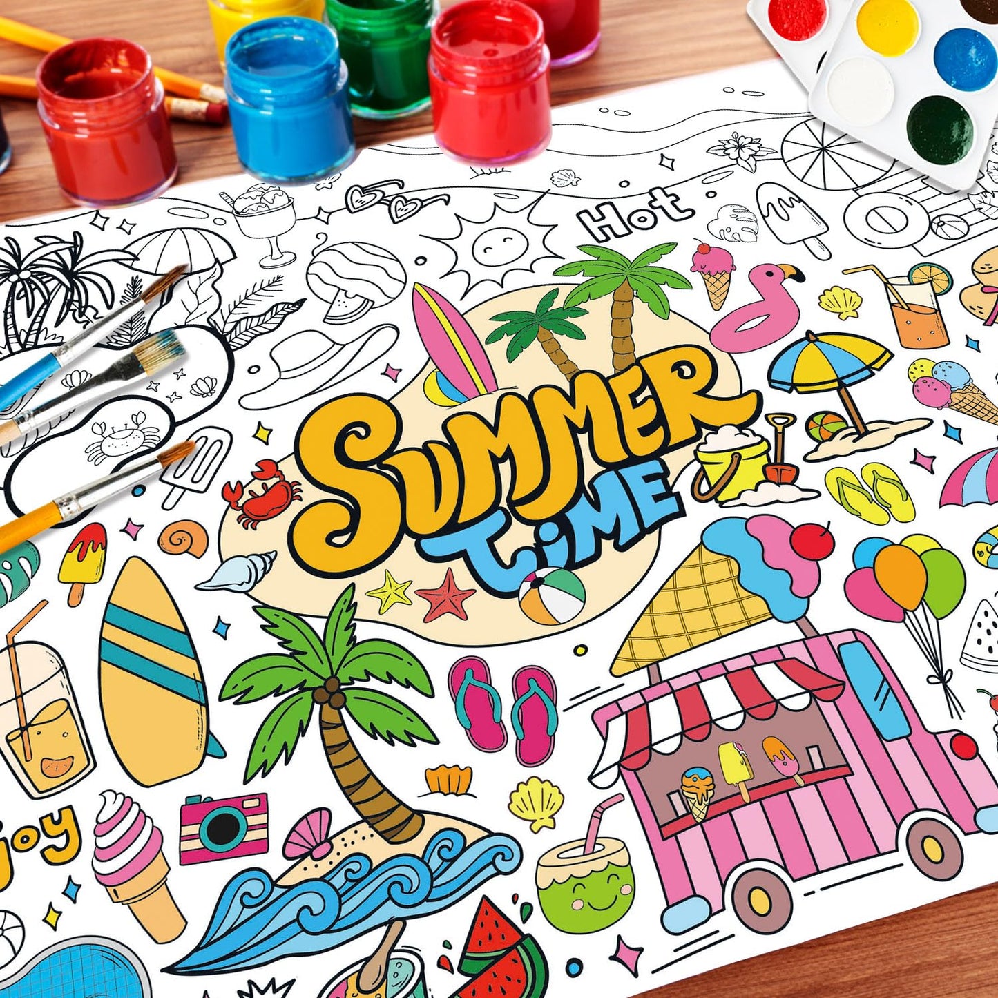 43.3x31.5" Summer Coloring Poster with Picture, Giant Summer Time Painting Poster, Large Coloring Tablecloth for Classroom Home Birthday Party Supplies Favor