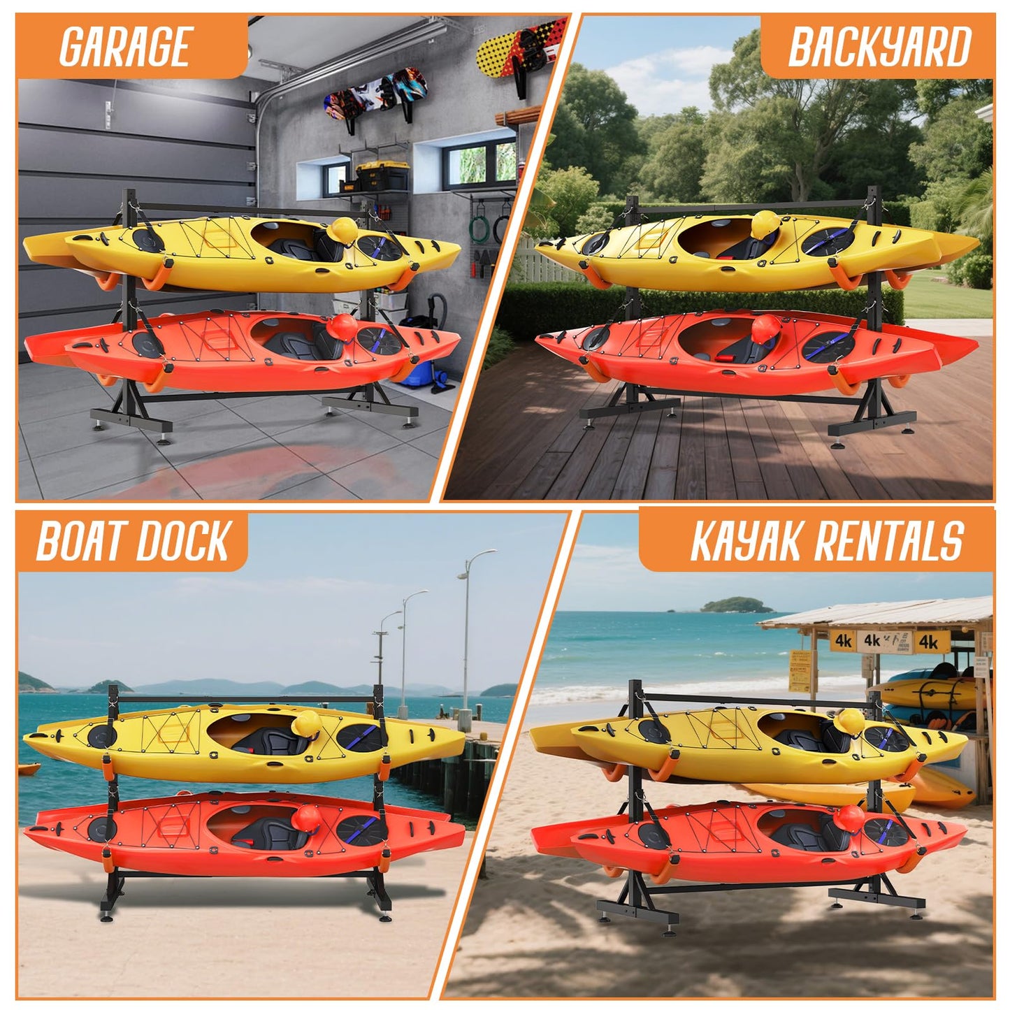 SPECRAFT Freestanding Kayak Storage Rack for 4 Kayaks, Adjustable Width Stand with Stable Base, 8 Elastic Ropes, EVA Tube Sleeves, for Indoor Outdoor Garage