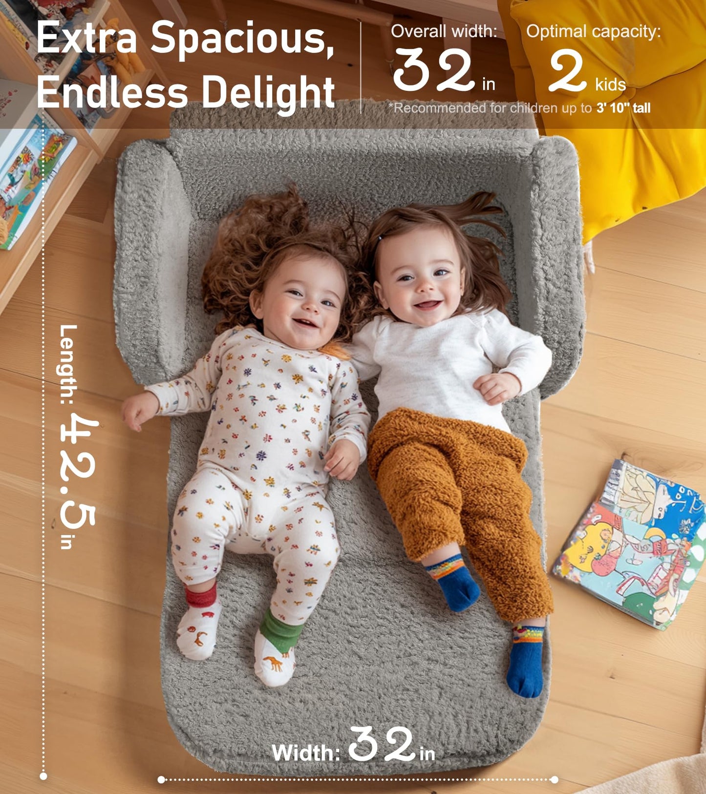 2-in-1 Sherpa Fold Out Kids Couch, Extra Wide Comfy Toddler Chair, Convertible Kids Sofa to Lounger, Foldable Toddler Couch with High Density Foam, Modern Kids Sofa Bed for Boys & Girls 3+, Gray