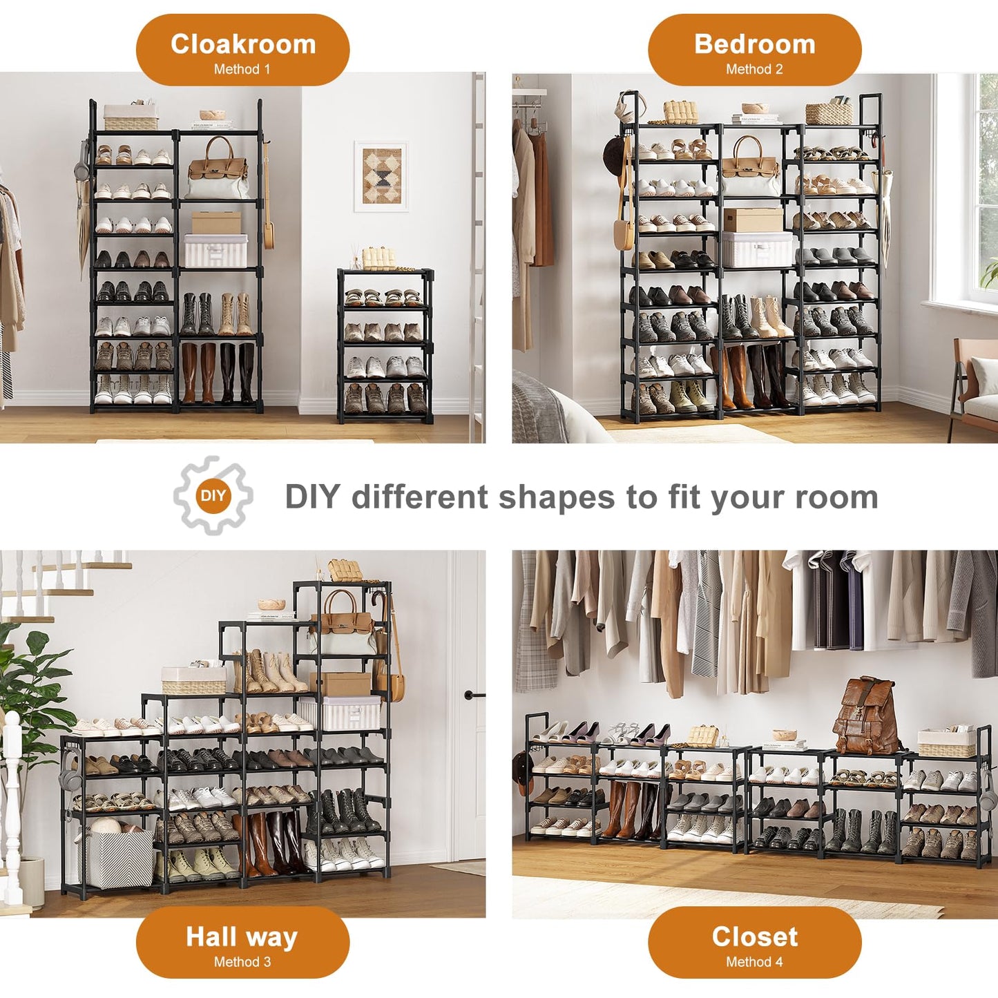 WOWLIVE 9 Tiers Large Shoe Rack Storage Organizer for Closet 50-55 Pairs Shoe Tower Unit Shelf Stackable Shoe Rack with Metal Pipes Plastic Connectors Black(SSS3B9)