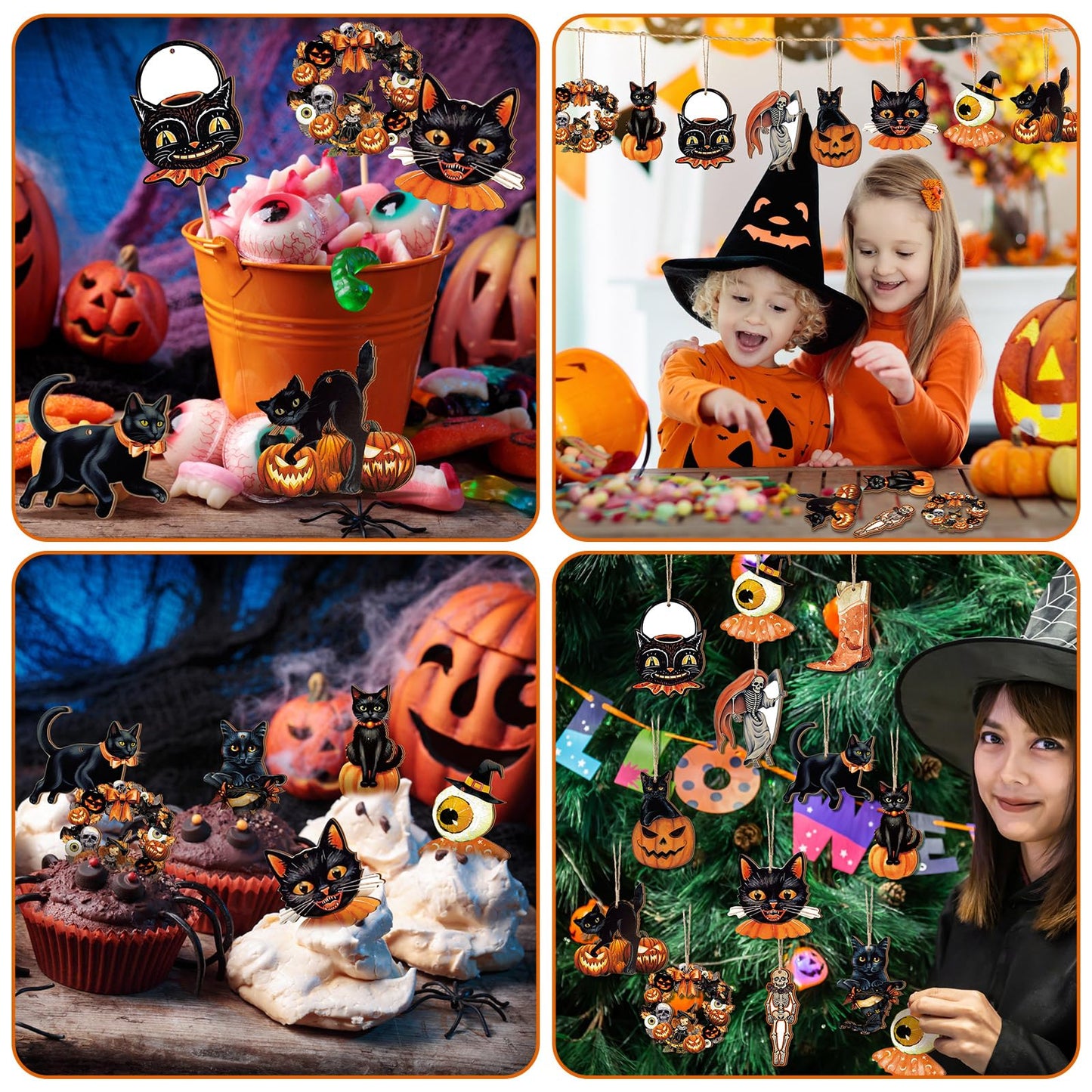 36 Pcs Halloween Ornaments with Ropes Halloween Wood Decor for Tree Pumpkin Skull Cat Wooden Decorations Hanging Ornaments Pendants for Home Party, 12 Styles