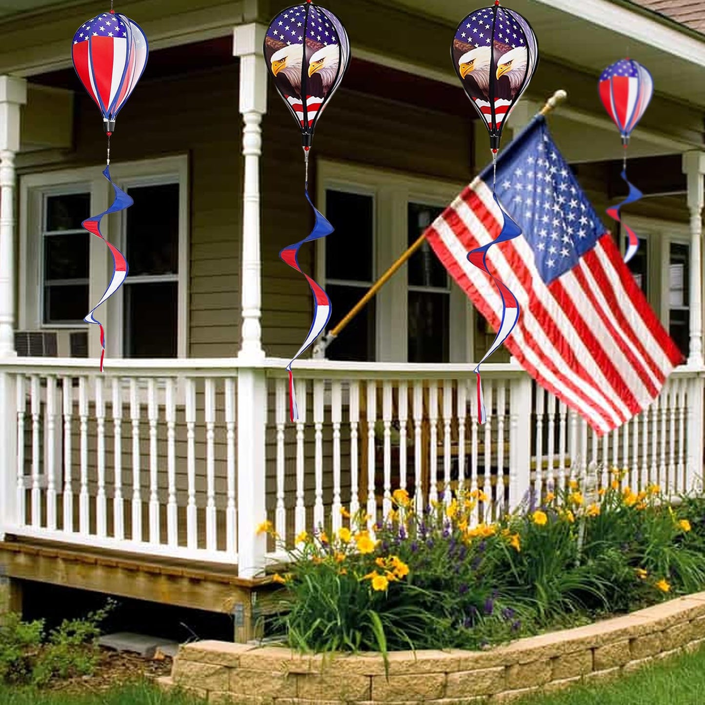 2 Pack 43-Inch Patriotic American Flag & Eagle Hot Air Balloon Wind Spinner Twister, Outdoor Hanging Windmill Decor for Garden Lawn Yard, Fourth of July, Memorial Day, and Veterans Day Decorations