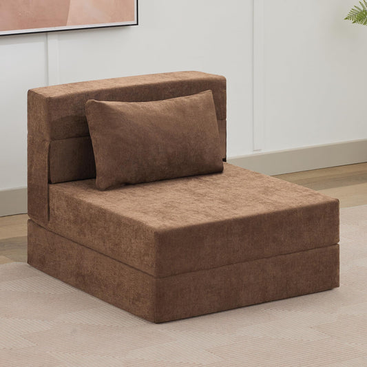 WUTUTUEE Folding Sofa Bed Convertible Floor Couch Foldable Chair Bed with Pillow, Linen Sleeper Chair Futon, Foldable Memory Foam Mattress for Bedroom/Living Room/Dorm/Office (Brown, Single)