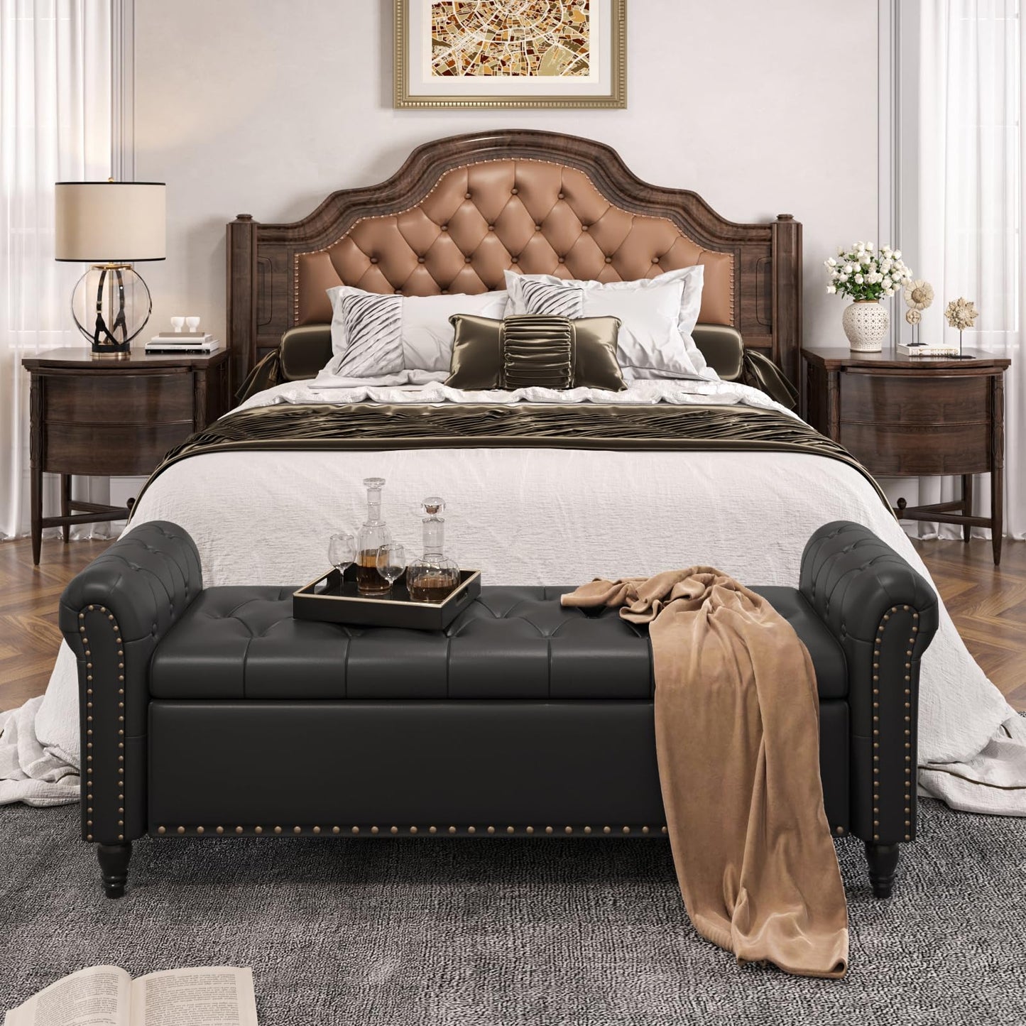 65 Inch Bedroom Bench, End of Bed Bench with Storage, Bed Benches for Foot of Bed, Faux Leather Window Bench with Tufted Button and Nailhead Trim, Upholstered Storage Bench with Rolled Arms, Black