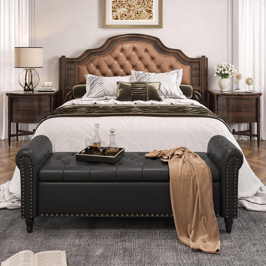 65 Inch Bedroom Bench, End of Bed Bench with Storage, Bed Benches for Foot of Bed, Faux Leather Window Bench with Tufted Button and Nailhead Trim, Upholstered Storage Bench with Rolled Arms, Black