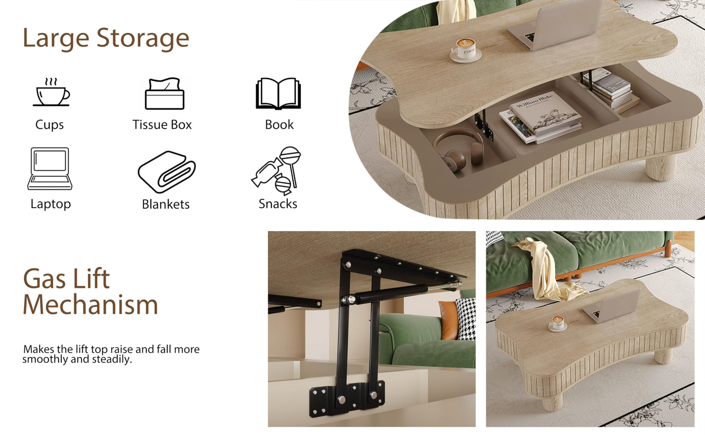 42'' Fluted Lift-top Coffee Table, Modern Butterfly Coffee Table Accent Tea Table with Hidden Storage and Adjustable Height for Living Room, Bedroom, Apartment or Office