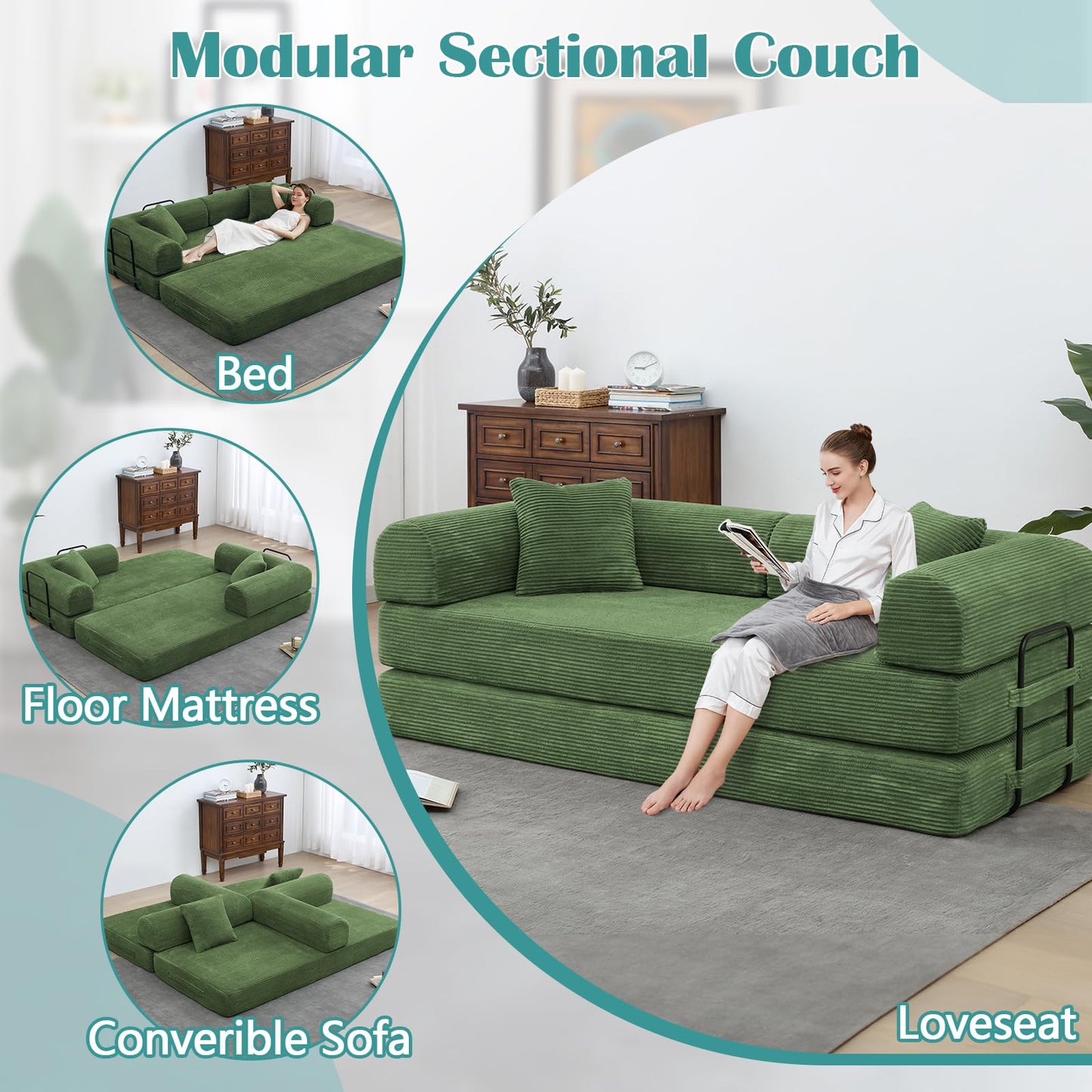 78'' Convertible Floor Sofa Bed, Comfy Foldable Sofa Bed, Modular Sectional Fold Couch with 2 Pillows and Fixed-Shape Frame, Lounge Couch for Living Room Bedroom Lounge Studio (A-Green)