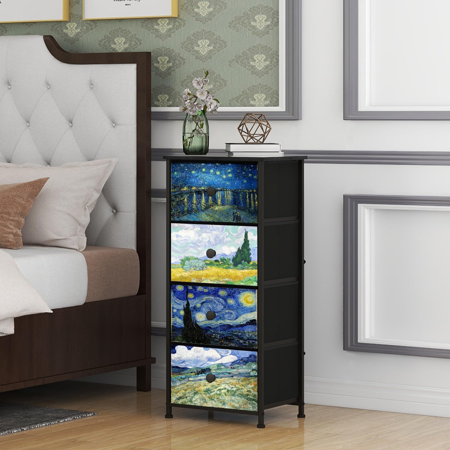 Welfuturer Narrow Dresser for Bedroom Slim 4 Drawer Dresser Vertical Storage Tower Unit for Living Room Hallway Kids Room Nursery Closet Sturdy Steel Frame Wooden Top Easy Pull Handle