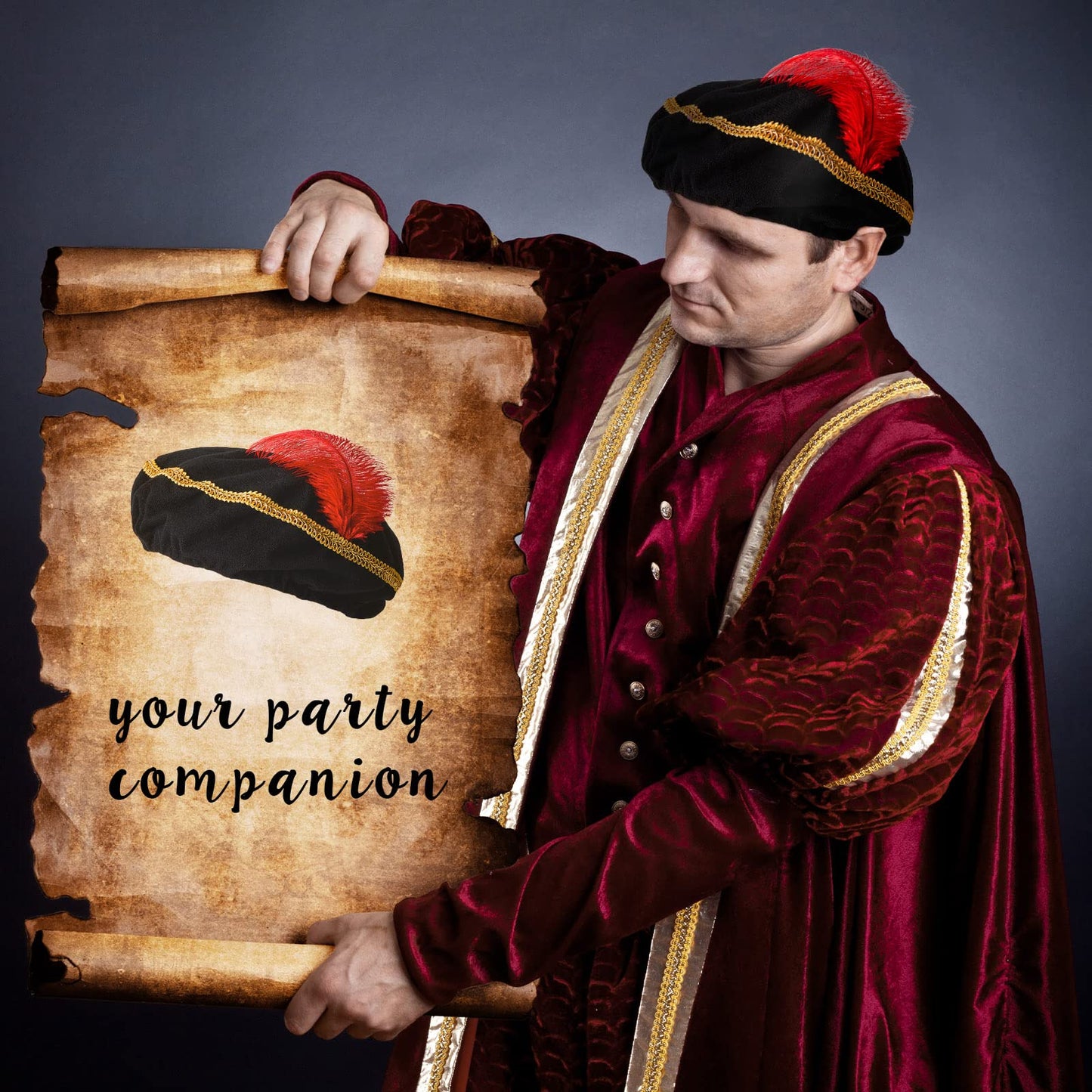 3 Pcs Renaissance Hat Black Medieval Hat Red Feather Minstrel Costume Cap Renaissance Costume Accessory Party Cosplay Supply for Men Women Adult